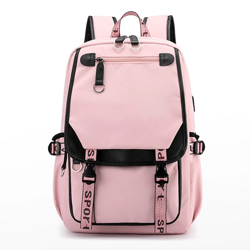 large school bags for teenage girls USB port canvas schoolbag student book bag fashion black pink teen school backpack