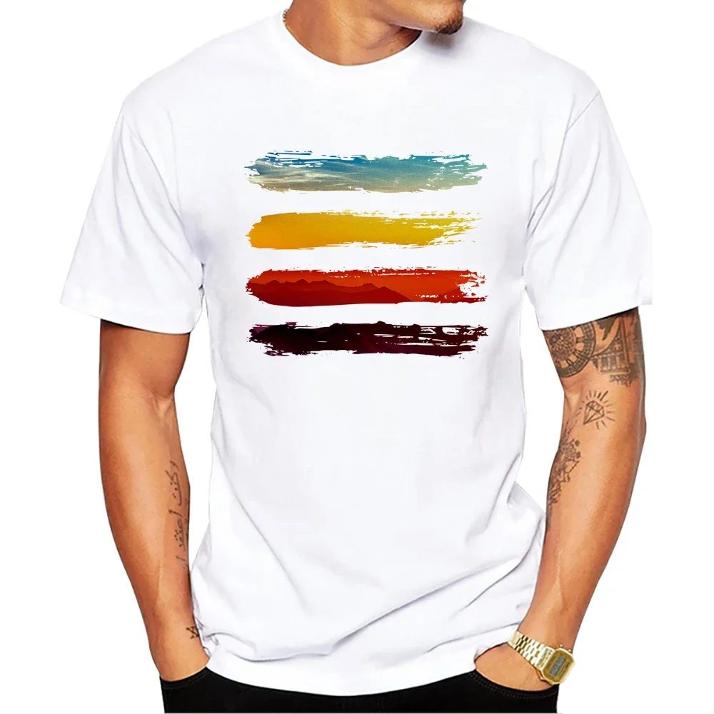 

Mountain Sunset Brushstrokes Men T-Shirt African Safari Sunset T Shirts Short Sleeve Tshirts Geometric Harajuku Tee