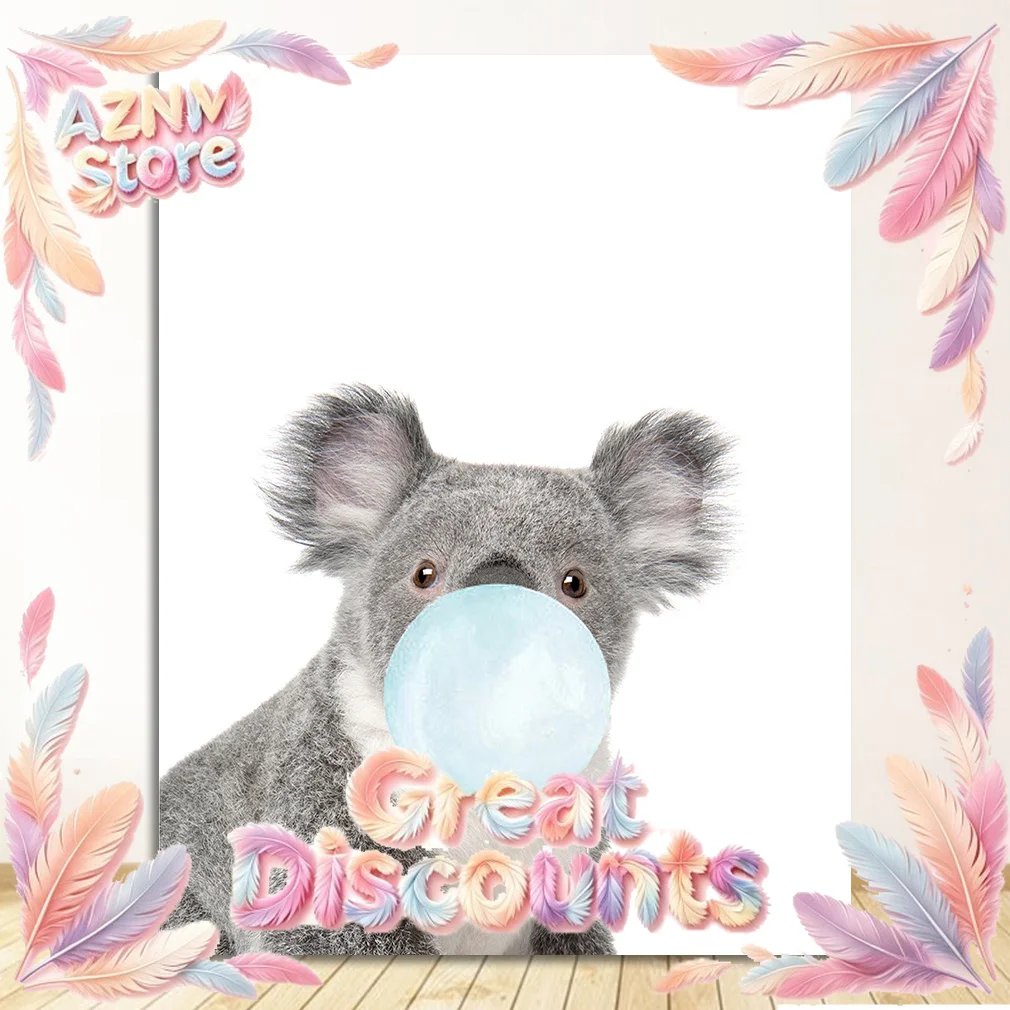 Giraffe Koala Kangaroo Canvas Art Abstract Painting Print Poster Picture Wall Home Decoration Cute Blue Bubble Gum Animal 2026