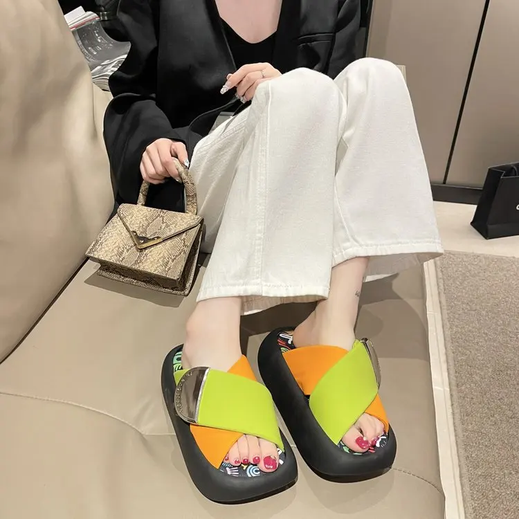 Shoes Cross-Tied Ladies\' Slippers Slipers Women Luxury Slides Low Platform Shale Female Beach Multicolored Sandals 2024 Designer