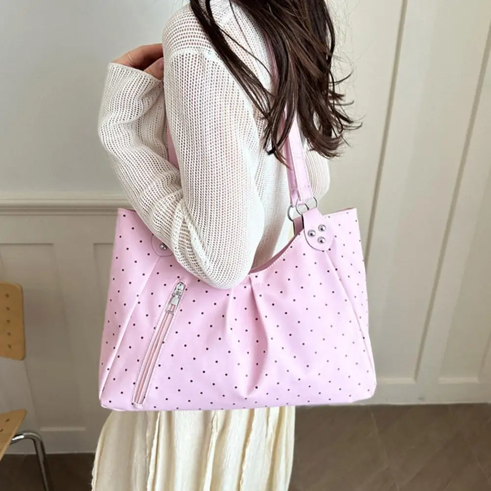 Damen-Umhängetasche, Vintage-Polka-Dot-Design, Pendler-Tragetasche, große Kapazität, PU-Leder-Handtasche, Unterarmtasche für Schule, Büro und den täglichen Gebrauch. – Detail 13