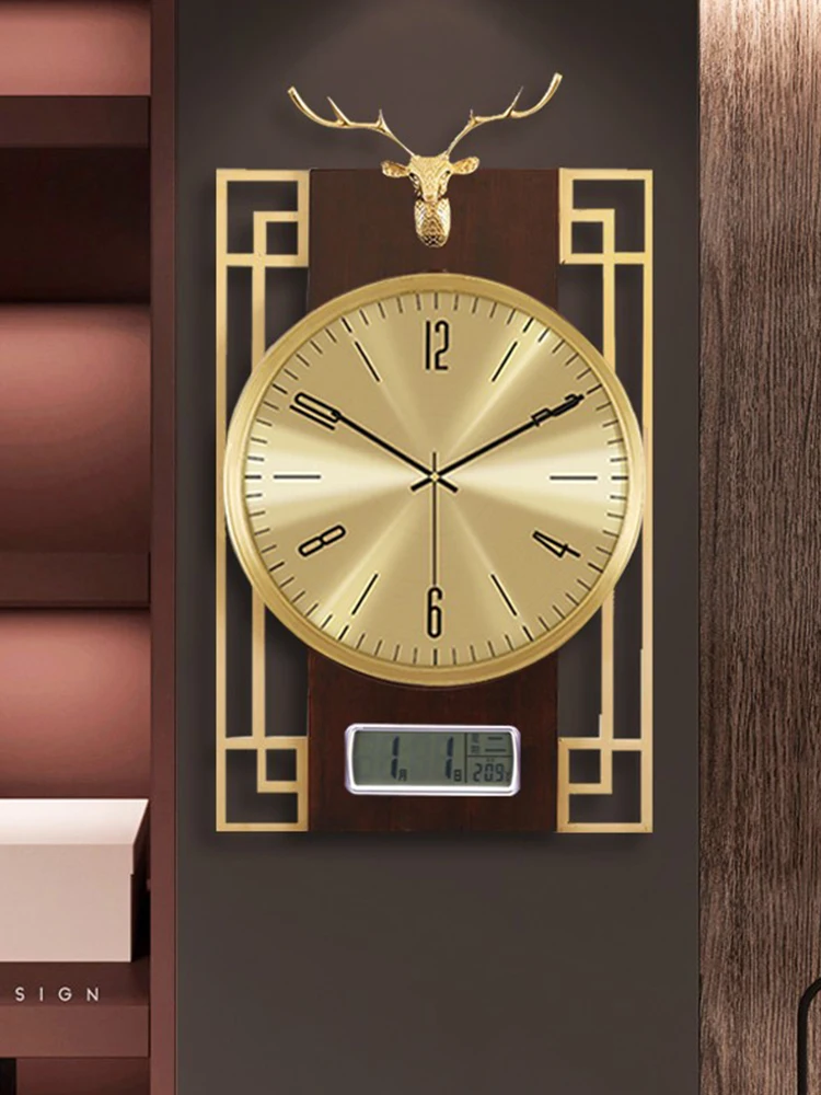 Wall Clock New Chinese Style Brass with Calendar Wall Clock Living Room Home Fashion Electronic Clock Solid Wood Atmosphere