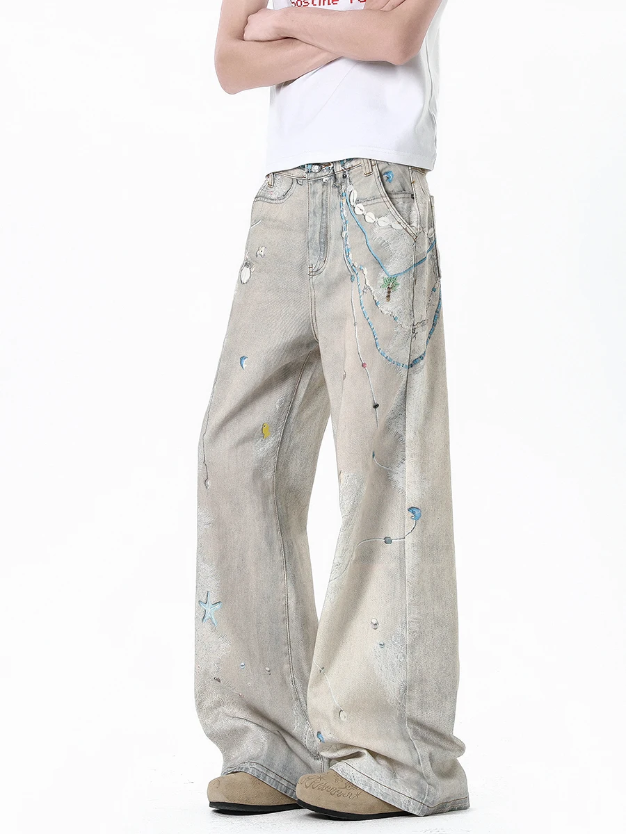 

Men's Summer Printed Lace Denim Jeans High Waist Straight Leg Wide Leg Pants Slimming Long Floor Length Casual Sle