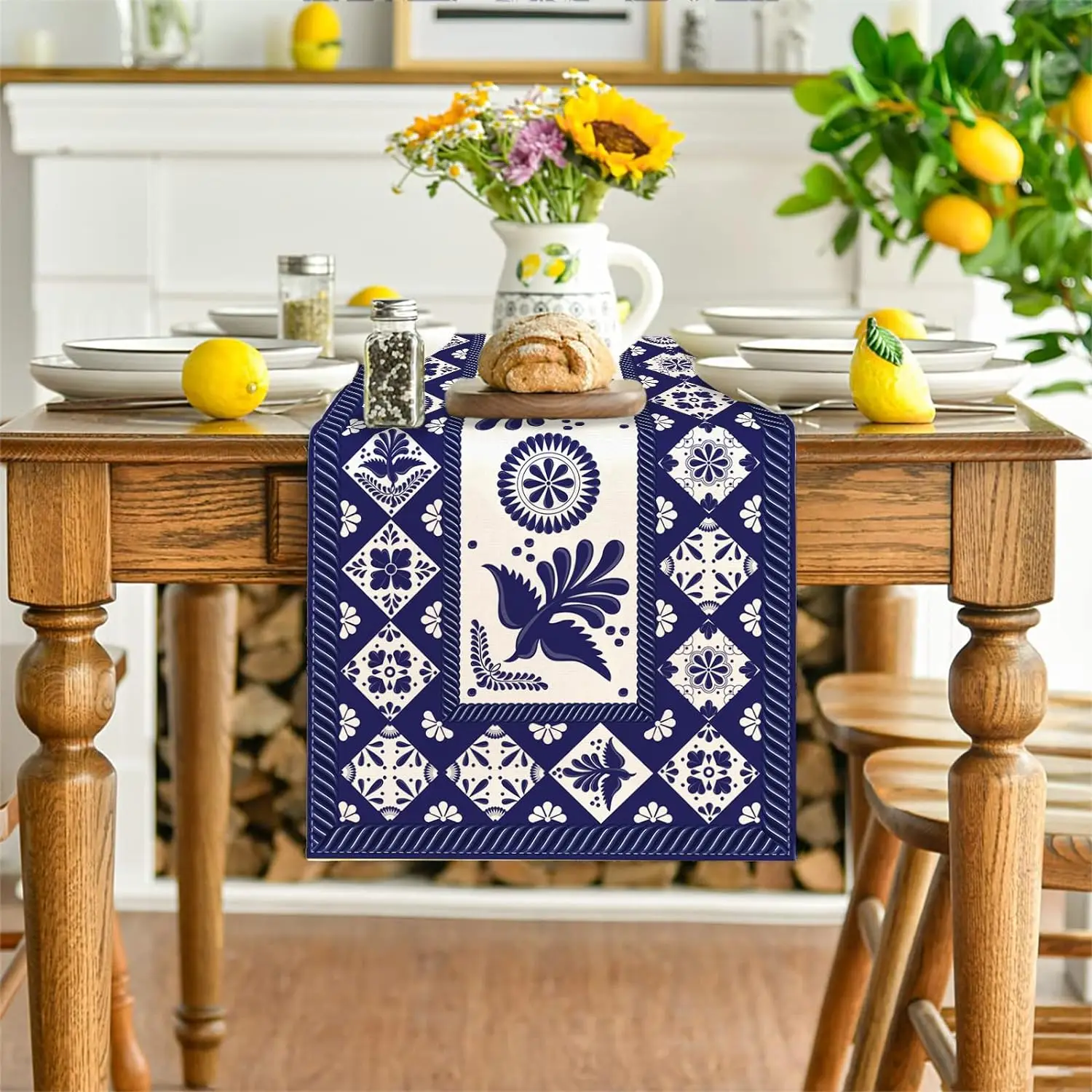 Mexican Blue Patchwork Tiles Linen Table Runner Mexican Fiesta Talavera Floral Bird Decor Mexican Dia De Los Muertos Party Decor