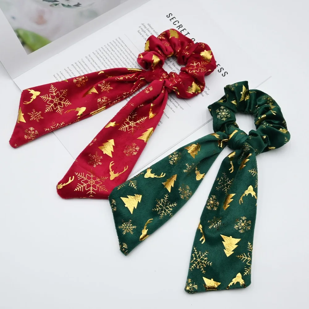 1Pc Plush Christmas Hair Ties, Gold Foil Streamer Scrunchies for Women, Holiday Party Accessories No Damage