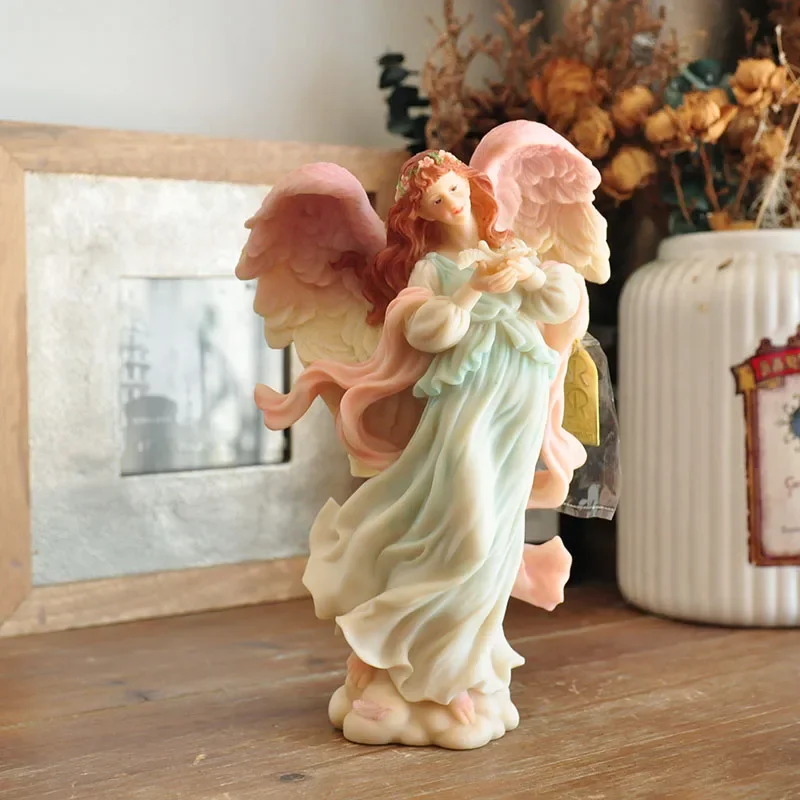 Fairy Girl Angel Figurine Pigeon Peaceful Prayer Sculpture Desktop Retro Flower Fairy Peace Dove Angel Statue Home Decor Church