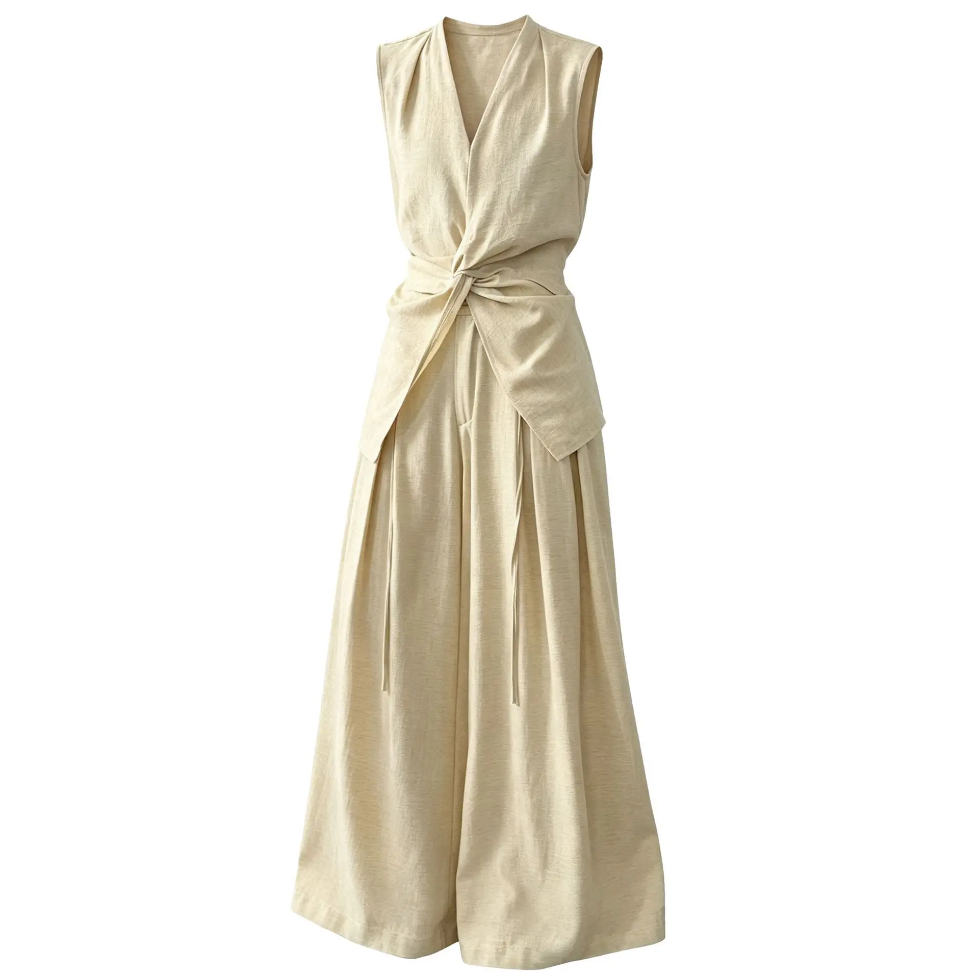 2026 Women Linen Material Suits Sleeveless Sexy V-Neck Blouses With High Waist Pants Two Pieces Sets Summer Suits Ladies Outfits
