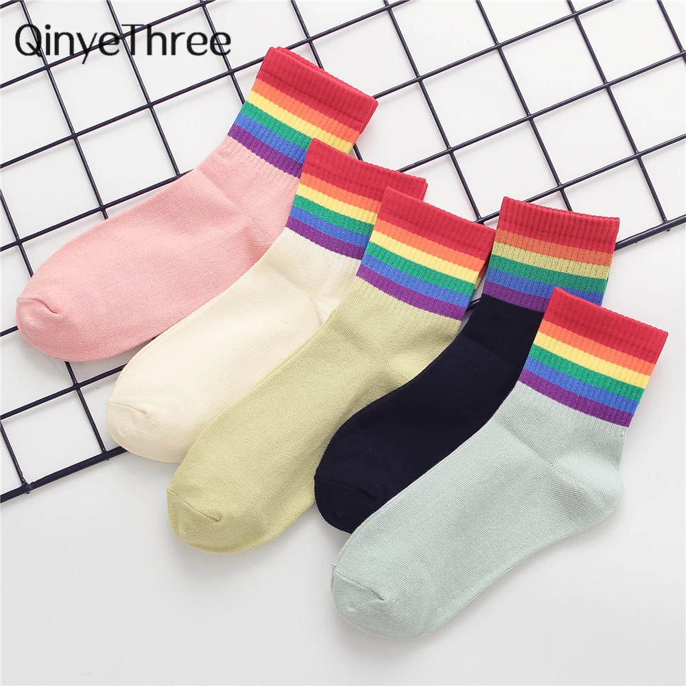 Girls' Fashion Summer Candy Color Rainbow Striped Soft Cotton Socks Harajuku Hipster Street Dance Sokken Dropship