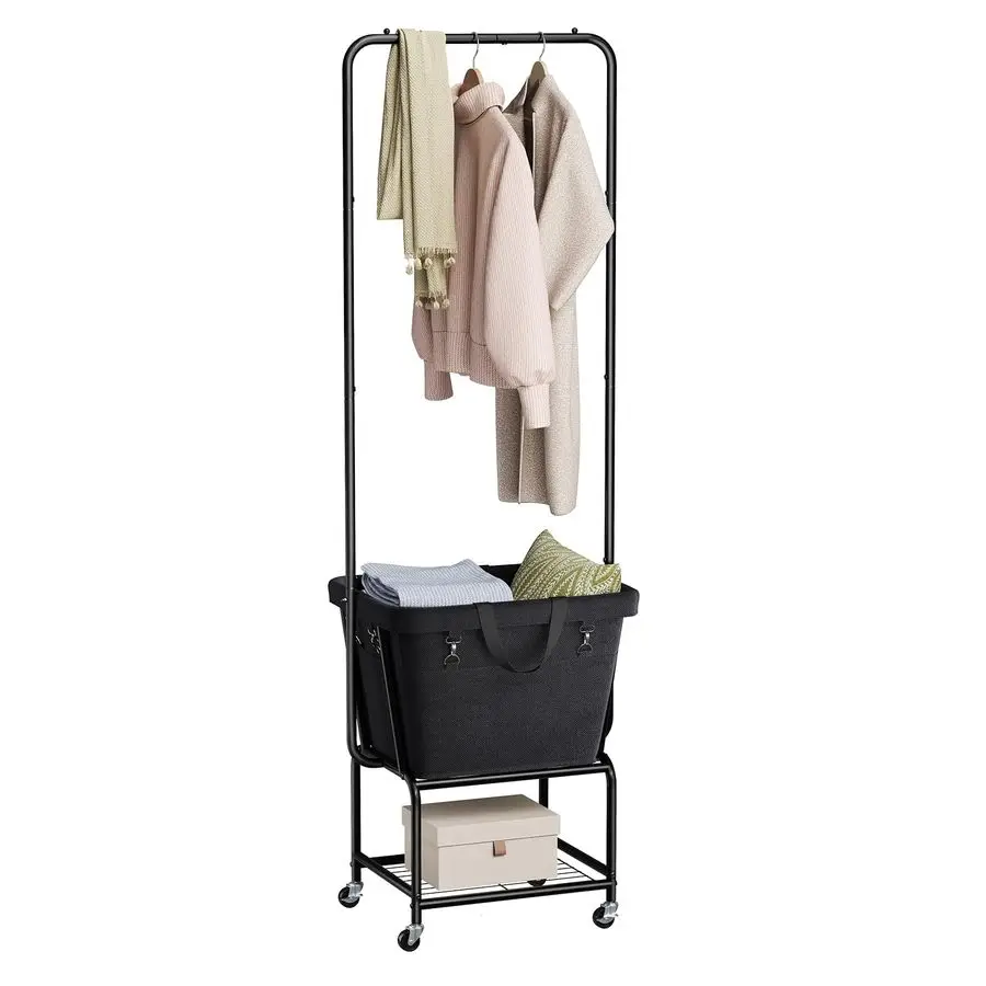 

Laundry Cart with Hanging Rack, Rolling Laundry Hamper with Wheels, Laundry Basket with Removable Liner Bag and Shelf, Sturdy Me