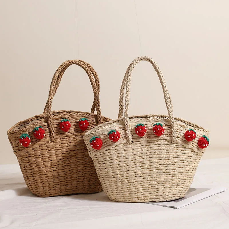 

Cute Strawberry Handheld Vegetable Basket Bag New Handheld Large Capacity Grass Holiday Beach Handmade Woven Bag