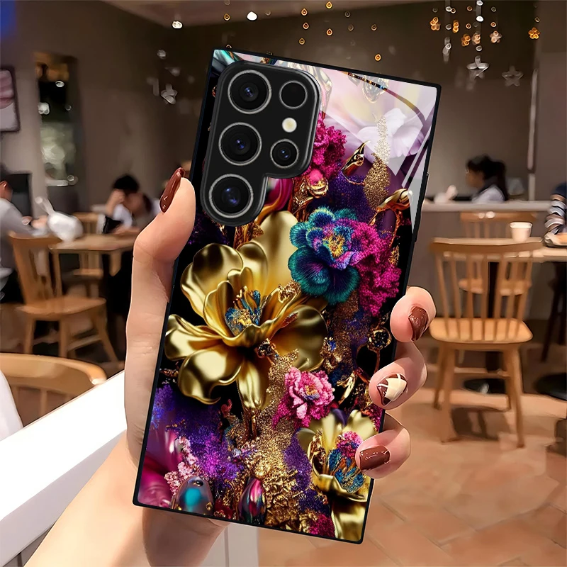 Luxury Gold Floral Pattern 2D Phone Case for Samsung S26 S25 S24 S23 S22 S21 S20 A55 A54 Tempered Glass Protective Cover view 2
