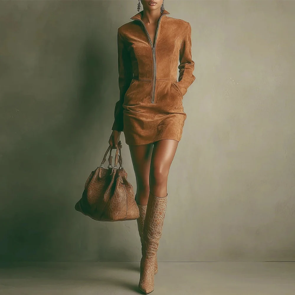 Women’s Suede Vintage Zipper Mini Dress Brown Long Sleeve A-Line Elegant High Neck Autumn Chic French High Street Short Dresses