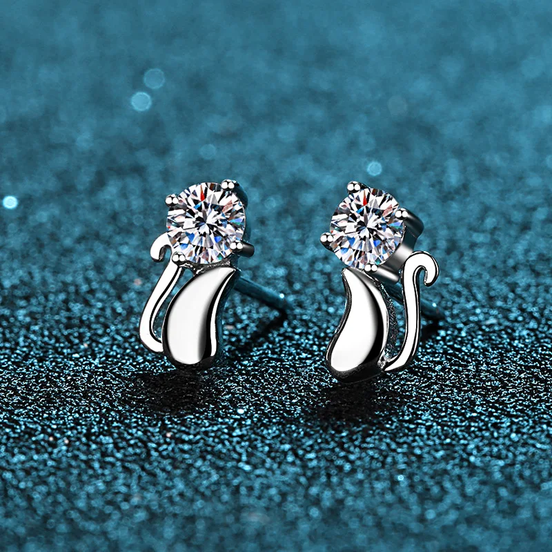 JECIRBurgos-Boucles d'oreilles à tige Moissanite pour femme, argent regardé 925, plaqué or PT950, chat mignon, tempérament, bijoux d'oreille à la mode, 0,3 ct