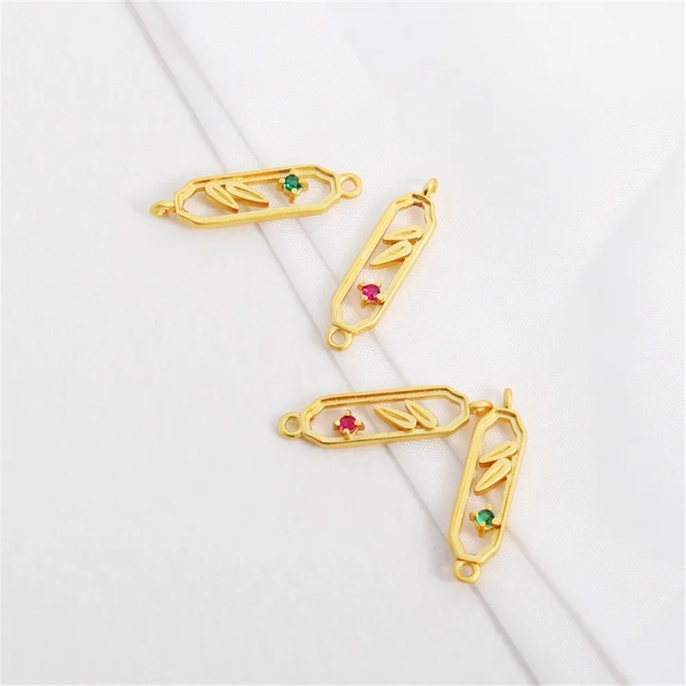 18K Gold Inlaid Zircon Double Ring Leaves, Hollow Rectangular Link, Double Pendant, DIY Jewelry Accessories