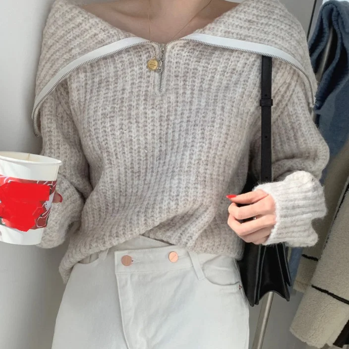 Spring and Autumn Simple Small Fresh Large Polo Neck Zipper Design Loose Relaxed Long Sleeve Knitted Sweater for Women