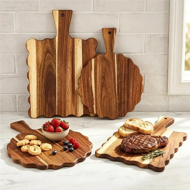 WORTHOWN-For Kitchen Decor Charcuterie Boards Serving Tray Wood Scalloped Cutting Board With Handle(2 Pcs), For Cheese Bread Piz