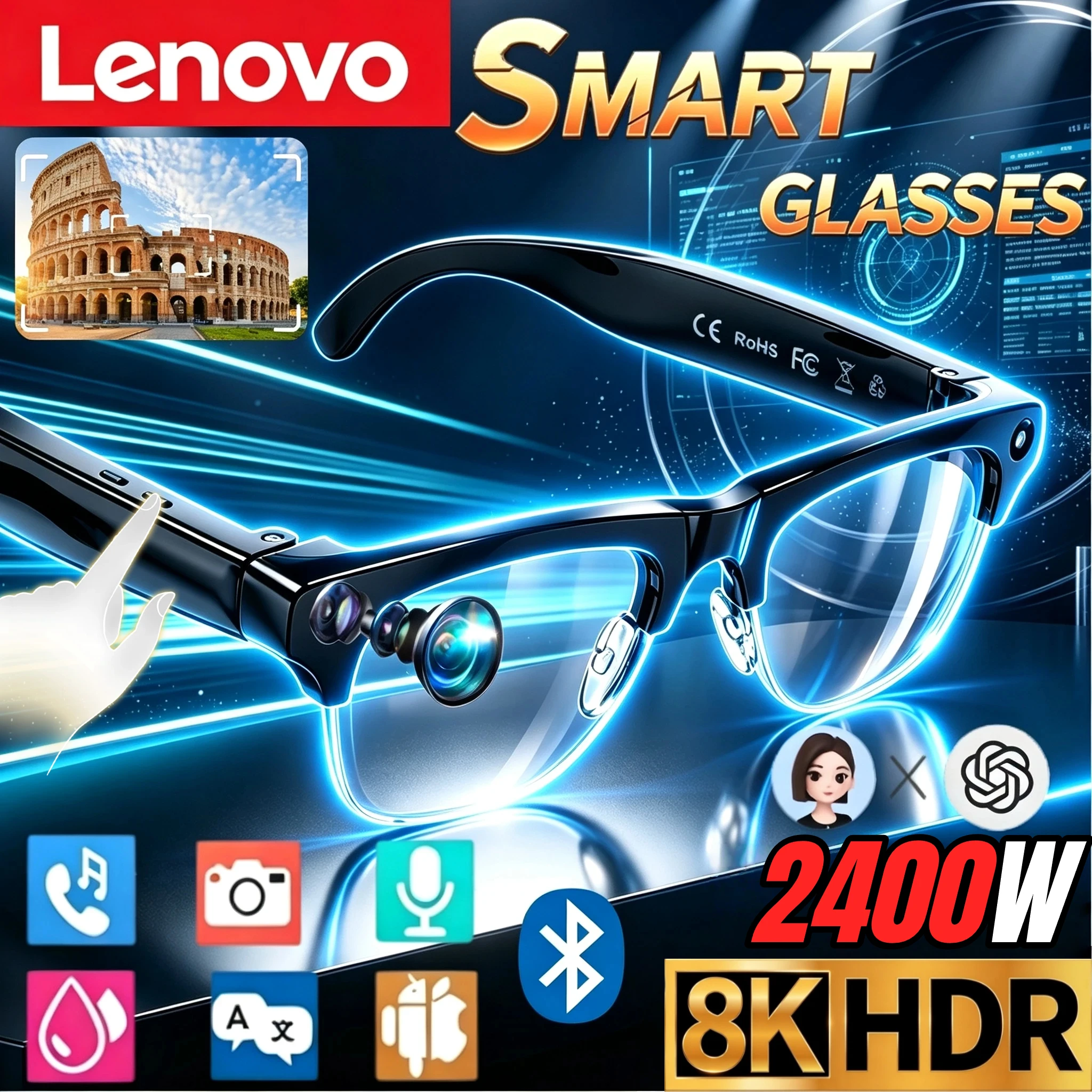 Smart Glasses Lens - Lenovo スマートAIグラス 2400W HDカメラ 8K撮影対応 画像・動画・音声通話・翻訳機能搭載