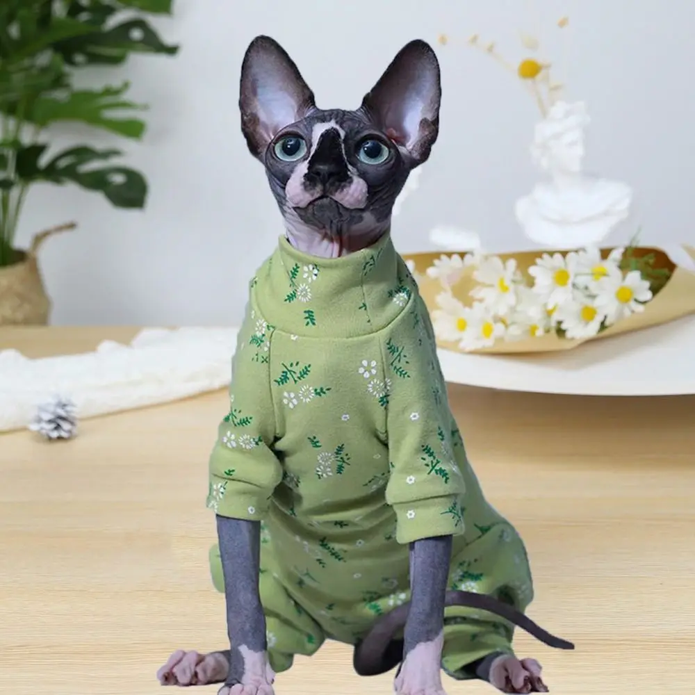 Fashion Green Cats Floral Long Sleeves Warm Comfortable Cats Four-Legged Hoodie Soft Hairless Cat Clothes Cornish