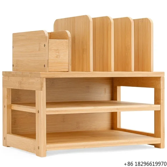 Bamboo Desk Organizer with File Holder & Adjustable Pen Holder, Desktop Letter Paper Tray Storage