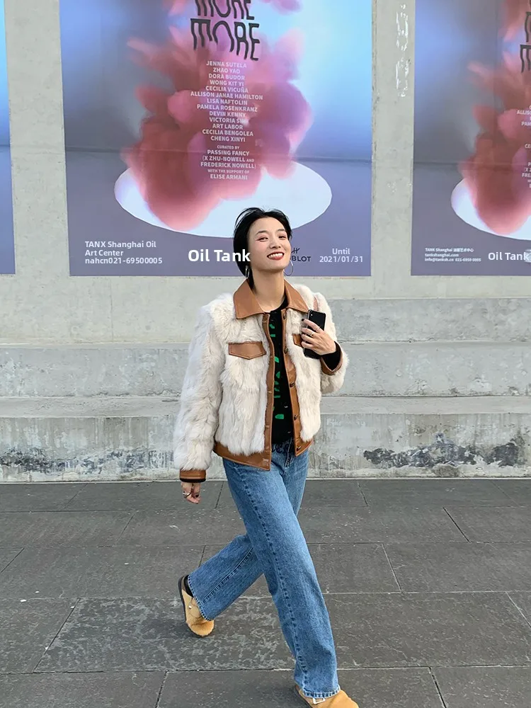 Abnehmen Faux Pelz Jaet frauen Patchwork Leder Weiß Echt Kaninchen Pelz Pelzmantel Pendeln Sle Koreanische Version ort Länge