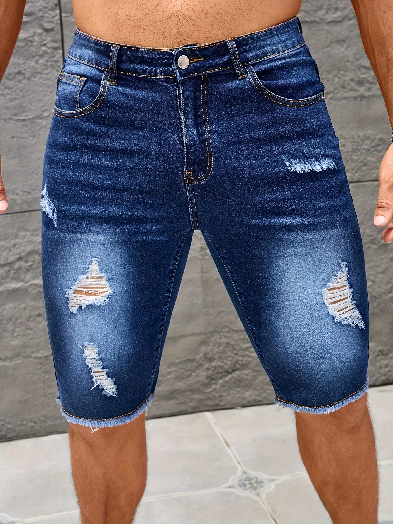 

Мужские облегающие рваные джинсовые шорты из эластичной ткани — стрейч, темно-синий, эластан, всесезонные, комфортные мужские брюки XS-XL