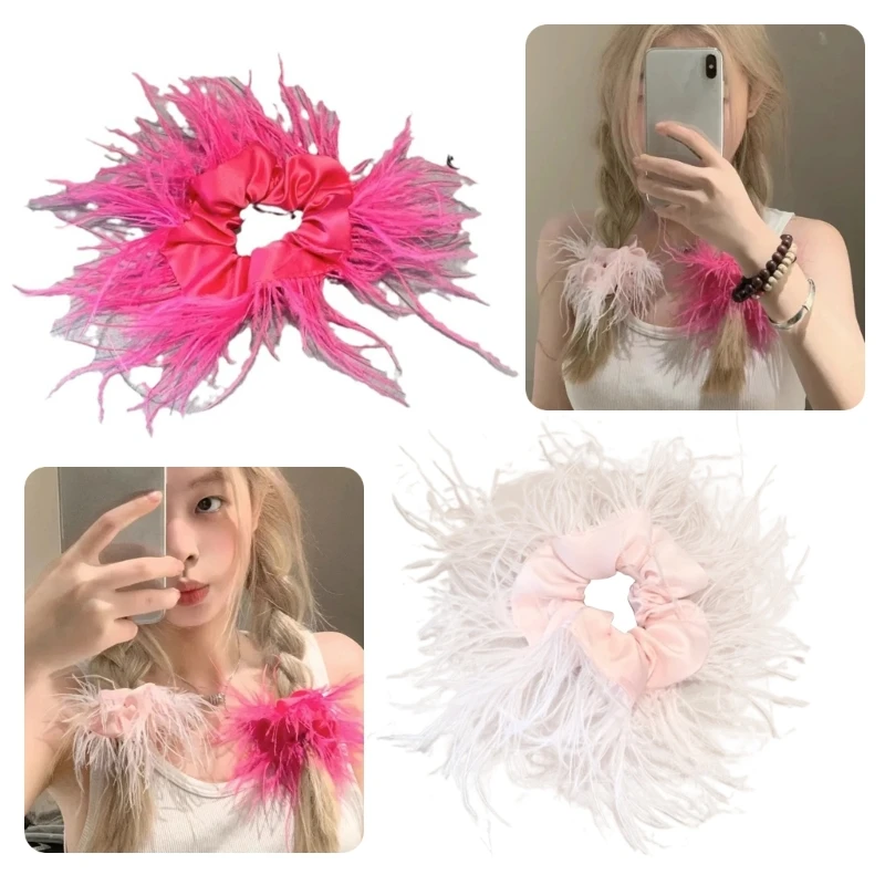 Sweet Pink Feather Hair Rope Fashion Hair Decoration Women Ealstic Anklet Cuff Hair Scrunchies  Slap Bracelet