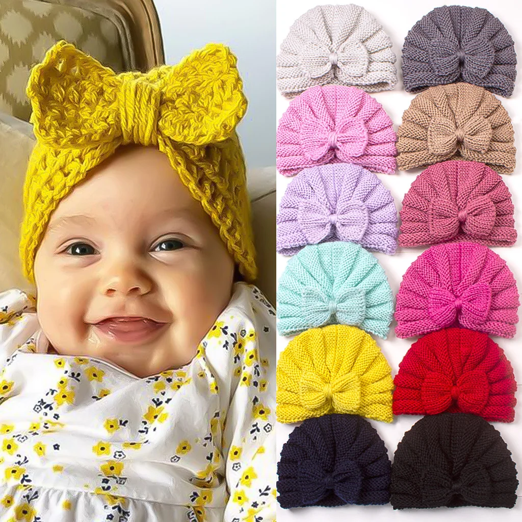 Cappello lavorato a maglia con fiocco neonato autunno inverno caldo turbante cappelli per ragazze ragazzi grande elastico per bambini cofano morbido