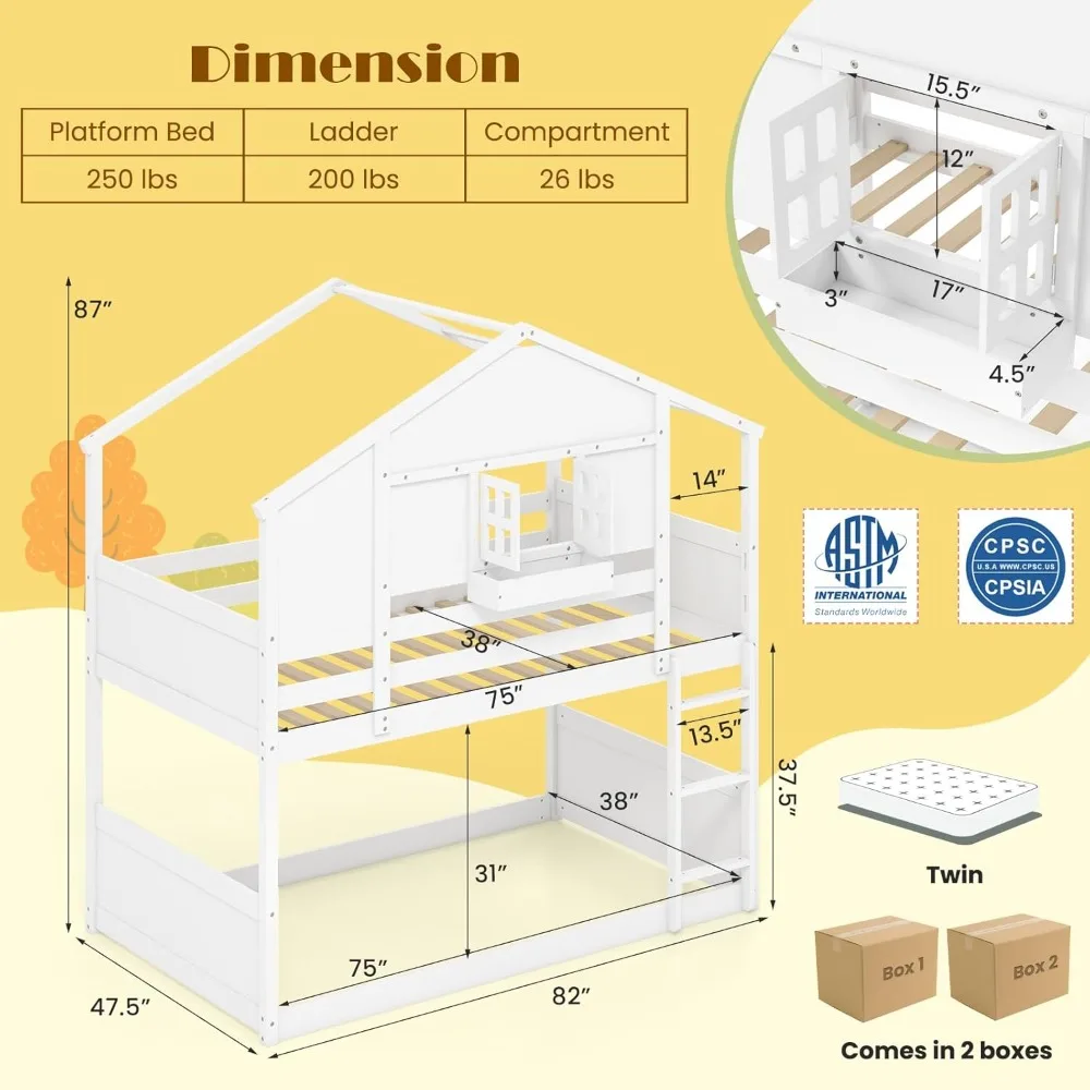 Giantex Lit superposé double sur double, lit maison en bois pour enfants avec toit, porte fenêtre, boîte de rangement, garde-corps de sécurité, lattes en bois et La