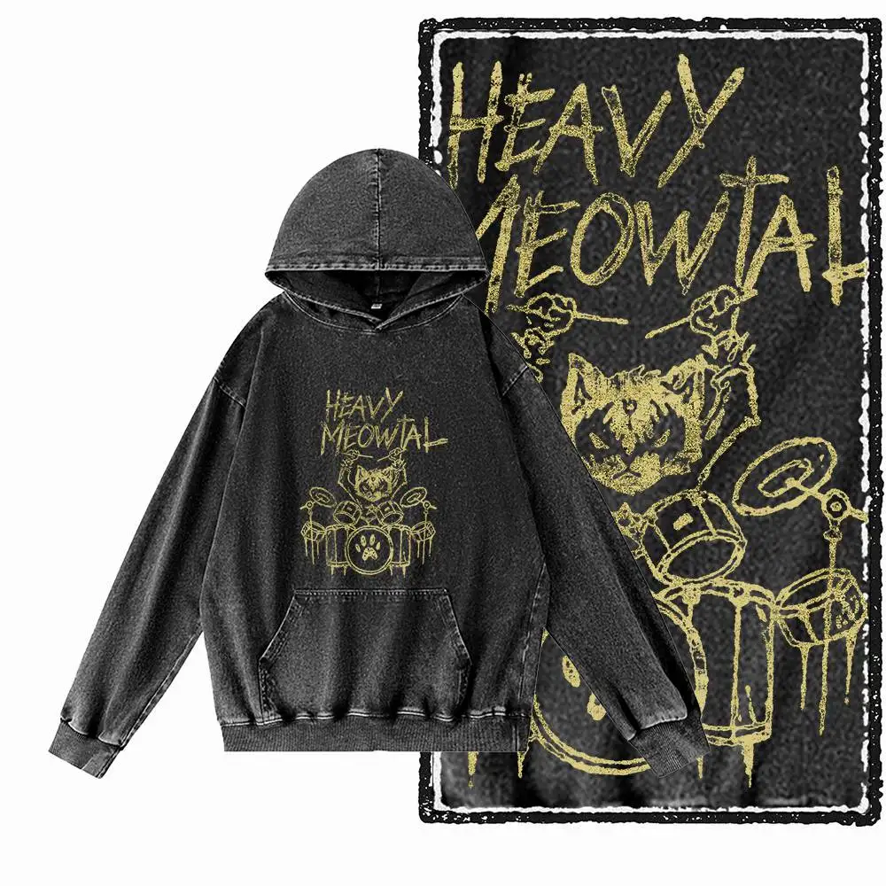 G49 Acid Washed Black Streetwear Big Size 100% Cotton Men's Cat Printed Graphic Hoodies | Cool O-neck Men's Hoodie