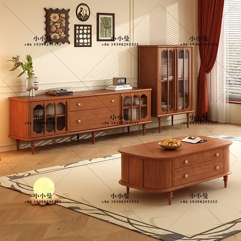 Medieval Style Glass Door Solid Wood Audio Visual Cabinet American Living Room Wall Storage TV Cabinet Side Cabinet