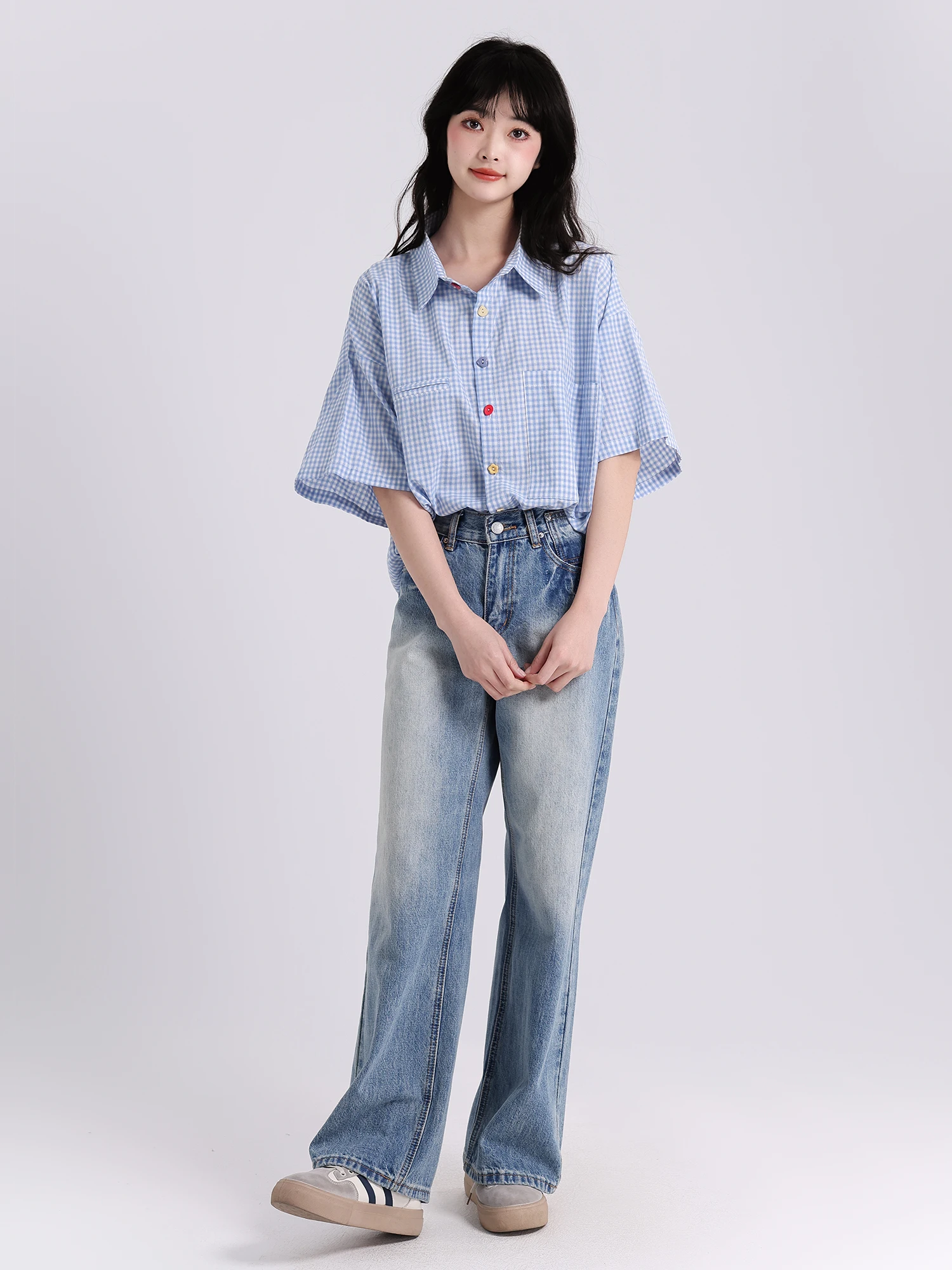 Top casual da donna allentato scozzese blu ort Sve irt Summer Sweet Versatile Button up coreano Sle Commute Faion