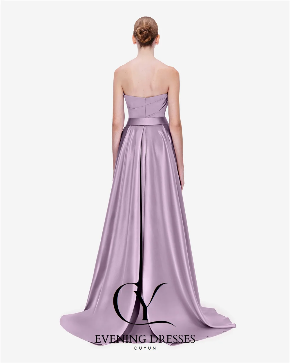 CUYUN-vestidos de noche lila sin tirantes, vestidos formales de satén con abertura larga para mujer, vestidos de fiesta personalizados, línea A, vestido para ocasiones especiales