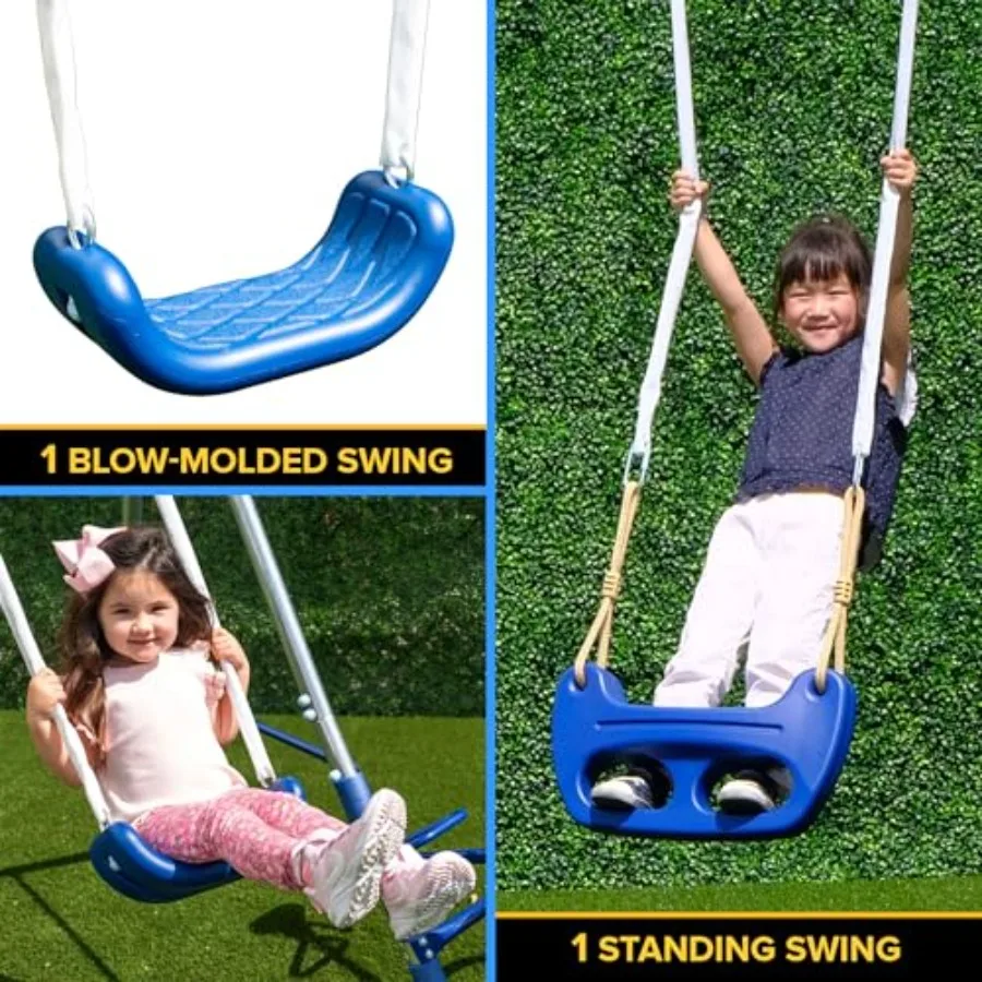 Metal Swing Set: Blow Molded Standing Swing, Teeter Totter, Saucer Swing+5' Wavy Slide, Standards*4pc Anchor Kit*
