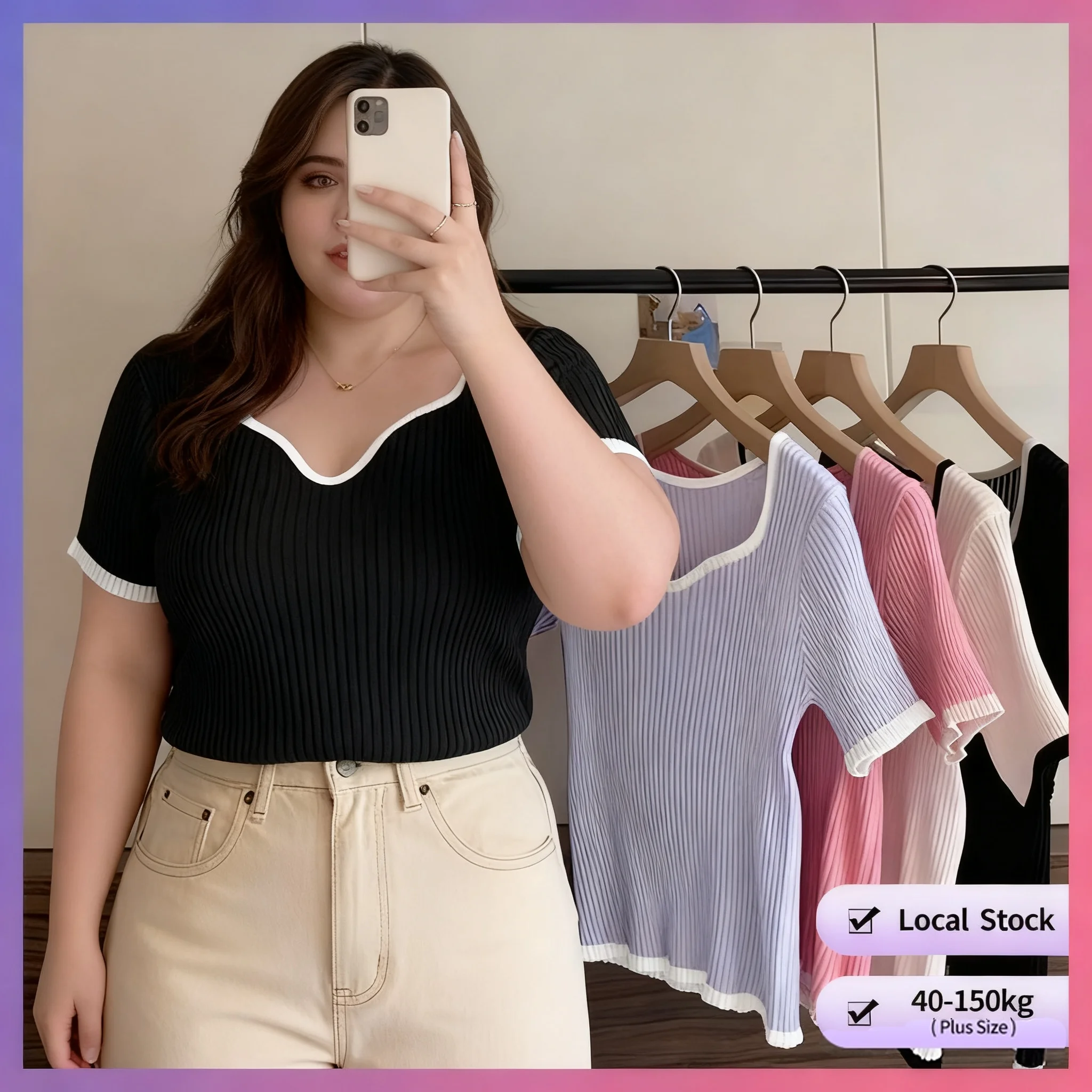 

【Oversize Tshirt】 (40-150kg) plain v neck short sleeves fashion t shirt color contrasting korean style plus size tops