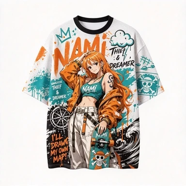 One Piece Wang Na Mei Orange Blue Graffiti Style Mesh Jersey Straw Hat One Piece Skull Badge Anime Casual Wear Trendy Top
