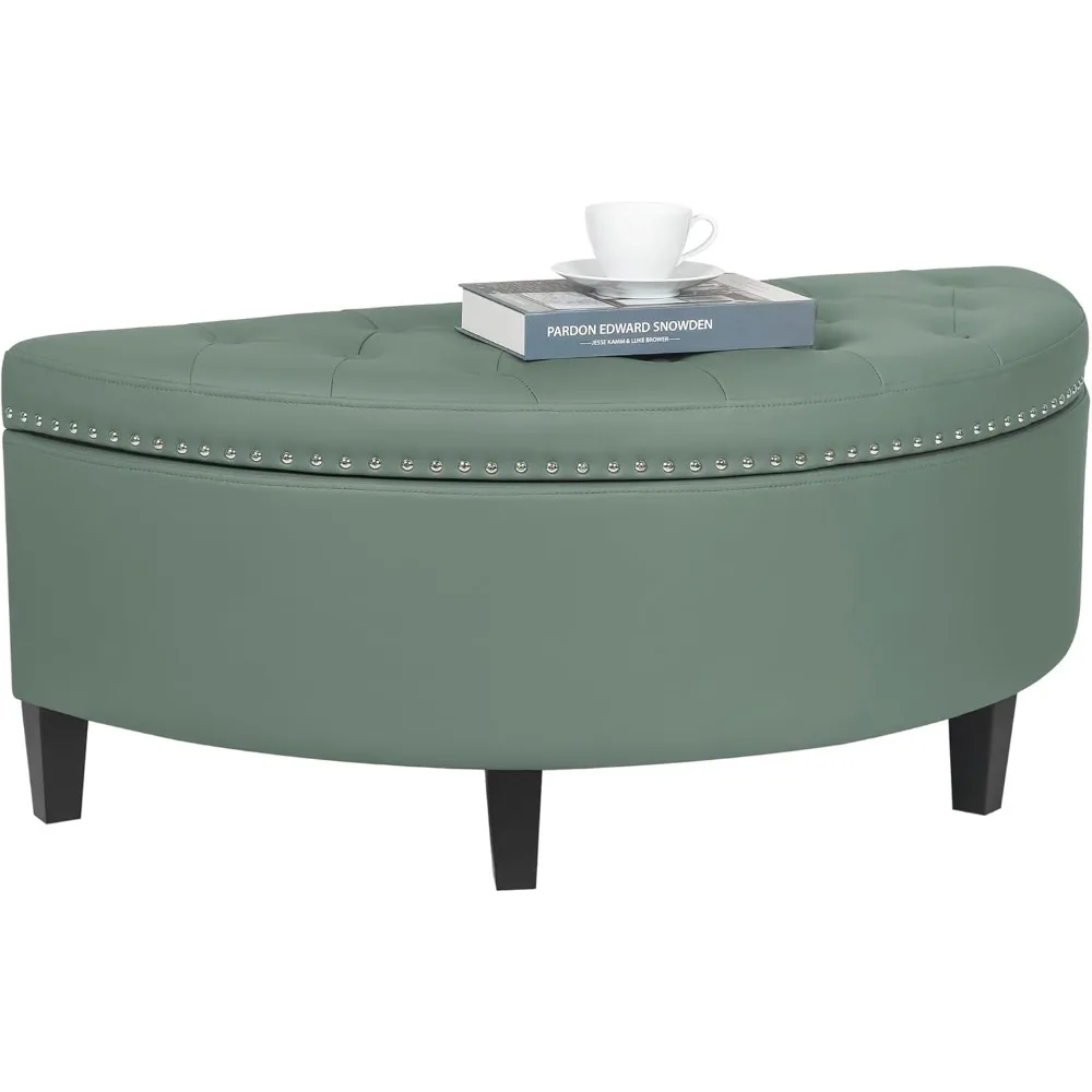 

Button Tufted Storage Ottoman, Half Moon PU Leather Upholstered Entryway Bench with Nailhead Trim, Footrest Footstool for Livin