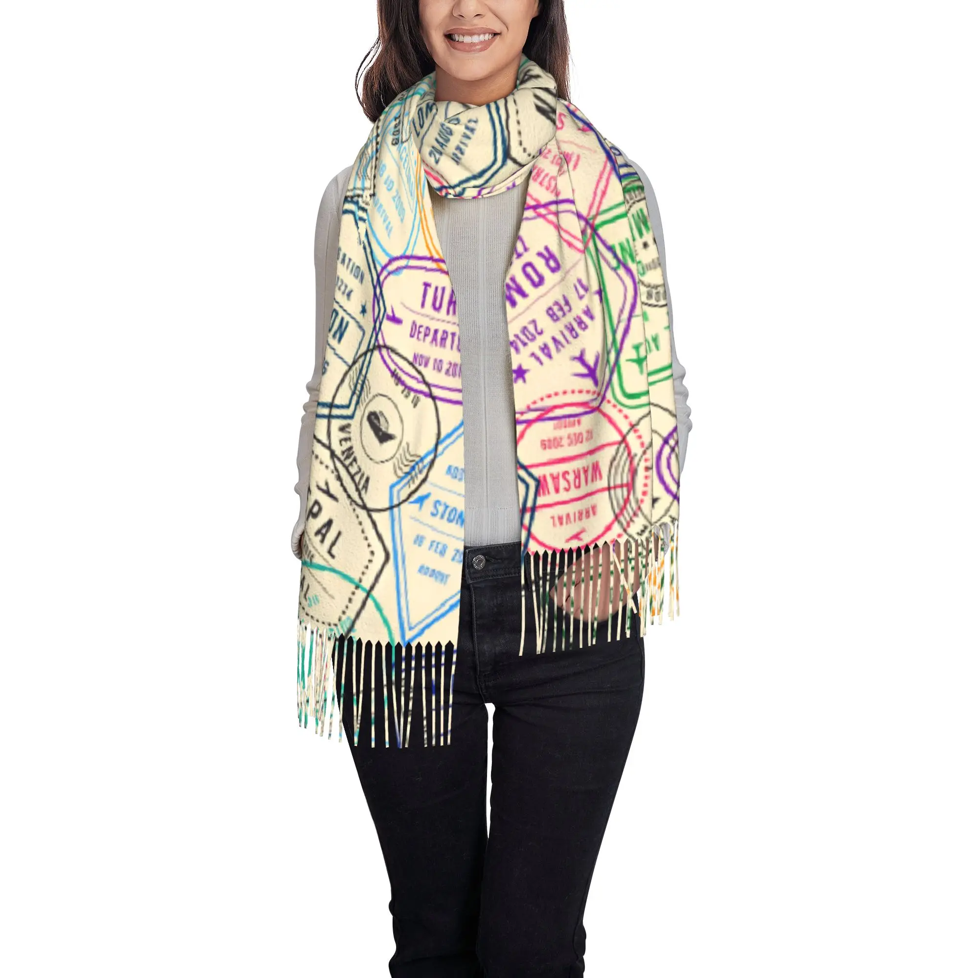 Custom Vintage City Landmark Travel Collage Passport Stamps Tassel Scarf Women Winter Fall Warm Shawls Wraps Female  Scarves