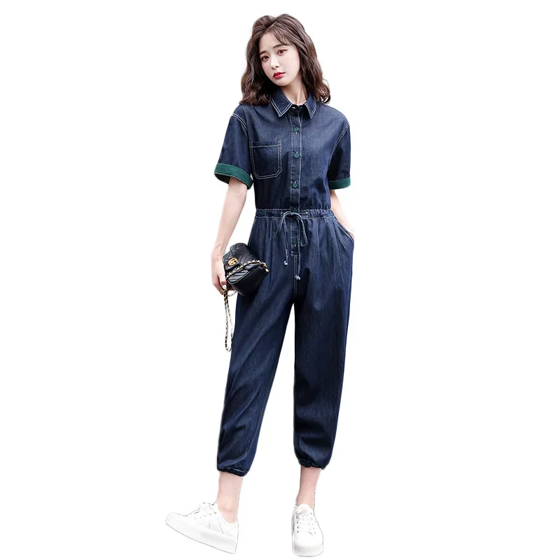 Zomer Dunne Denim Jumpsuit Blauwe Dames Katoenen Casual Overalls Korte Mouwen Trekkoord Enkelgebonden Broek Eendelig Outfit