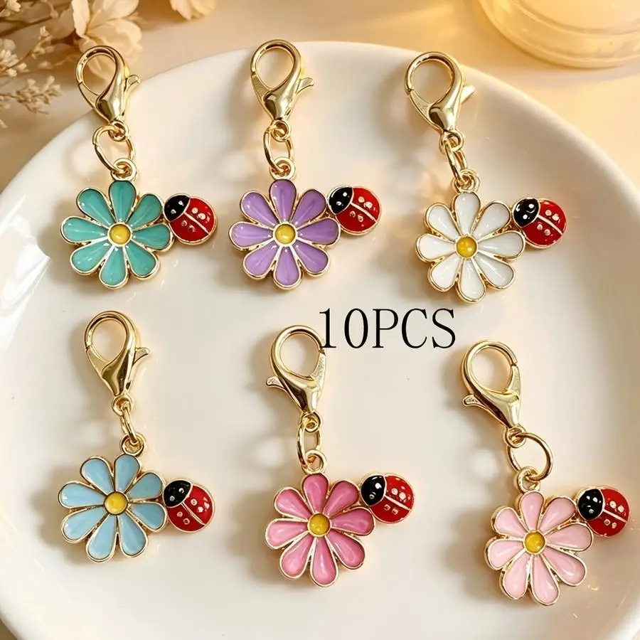 1/5/10/20/50/100pcs Set of 10 Daisy and Insect Keychains in Assorted Colors - Cute Metal Alloy Keychains with Lobster Clasps, Id