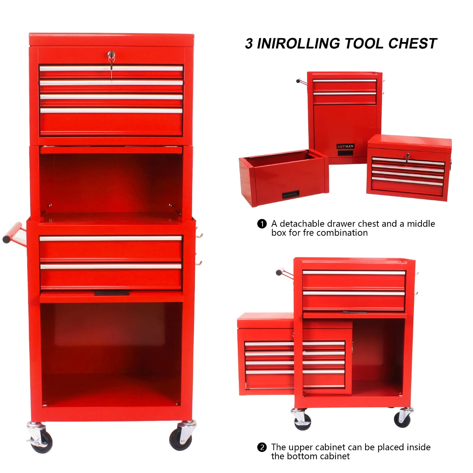 Rolling Tool Box, Garage Tool Box, 6 Drawer 2-in-1 Removable Lockable Tool Cabinet for Workshop, Repair Shop, red