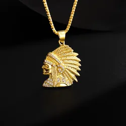 Titanium Steel Gold Plated Indian Chief Pendant Necklace Hip Hop Fashion Jewelry Creative Personality Punk Hip Hop Gift