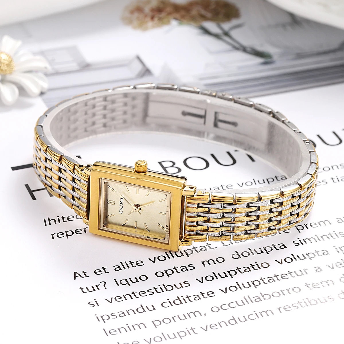 Oupai прямоугольные женские часы с кварцевым механизмом, золотой материал из нержавеющей стали, изысканные модные и простые женские наручные часы