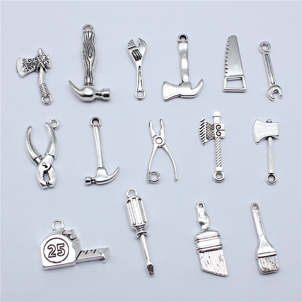 20pcs Tools Vise Wrench Saw Hammer Ax Screwdriver Charms Zinc Alloy Pendant for DIY Charm Choker Necklace Bracelet Jewelry