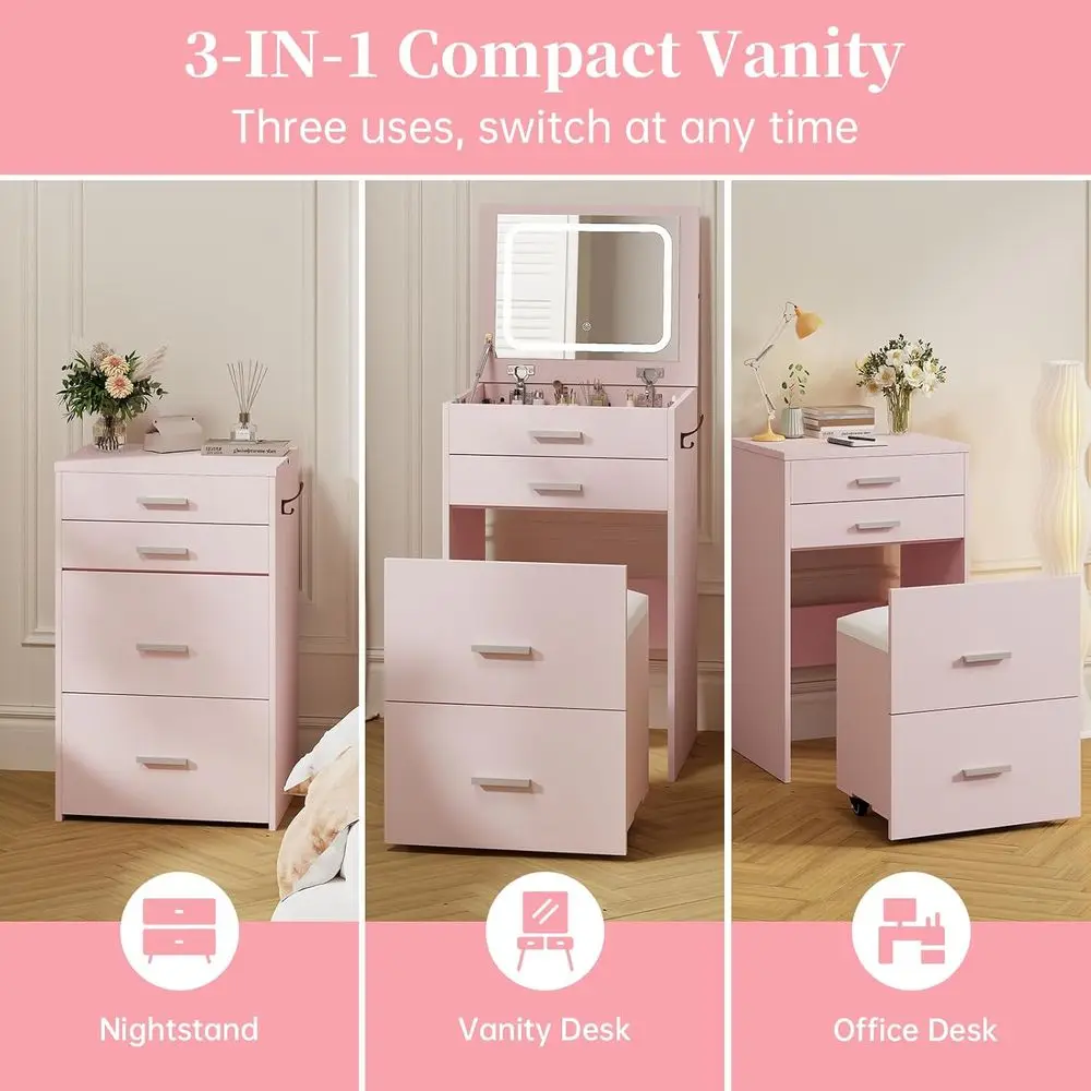 Compact Vanity with 3 Ders, 3 in 1 Vanity Desk, Makeup Desk with lip-up 3 ColLighting Mirror and Cushioned Stool, Small Vanities - view 2