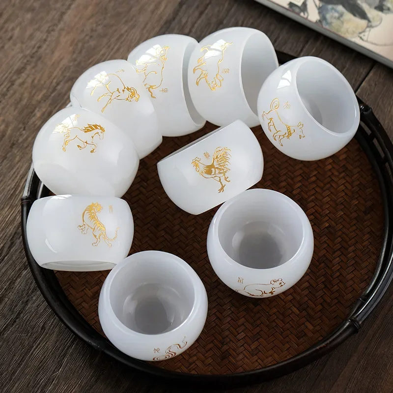 

Carved Jade Porcelain Teacup of The Chinese Zodiac Master Tea Cup Single Glass Glazed Tea Set Year of The Dragon Teacup