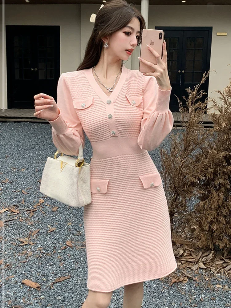 خريف شتاء حلو محبوك الخامس الرقبة Vestidos خمر عادية كم طويل أنيقة Elbise الكورية تصميم سليم ألفي مبطن فستان تريكو