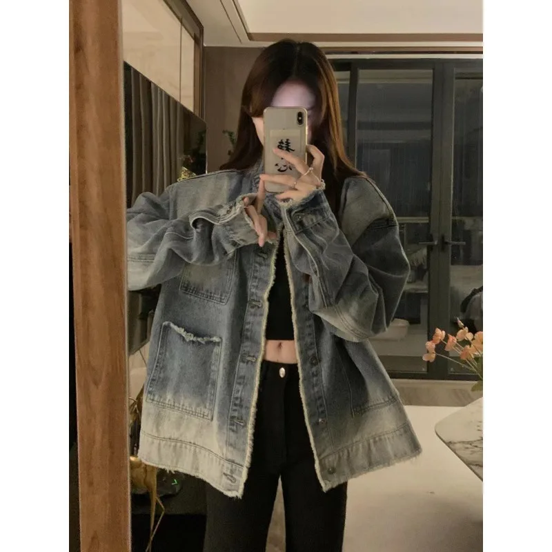 Retro Old Denim Coat for Women Autumn and Winter 2024 New Design Sense Niche Korean Version Loose Couple Jacket Top