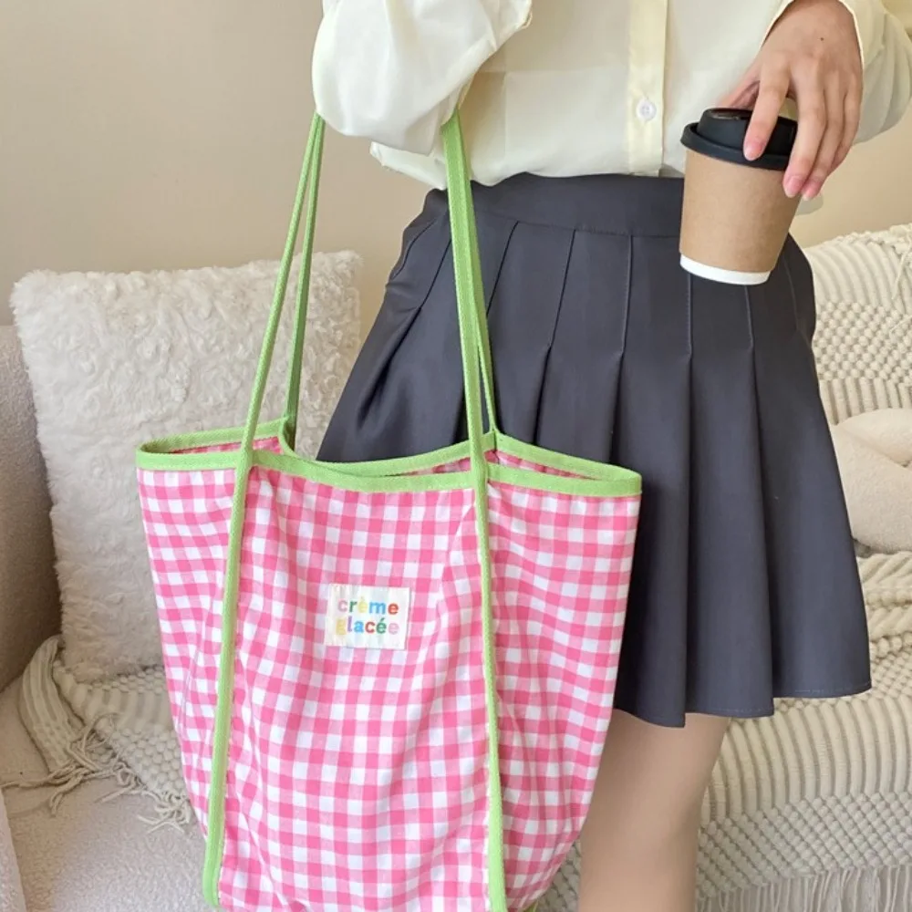 Women Canvas Shoulder Bag Red Plaid Books Daily Shopping Bags Students Bookbags Cotton Cloth Handbags Large Tote For Girls