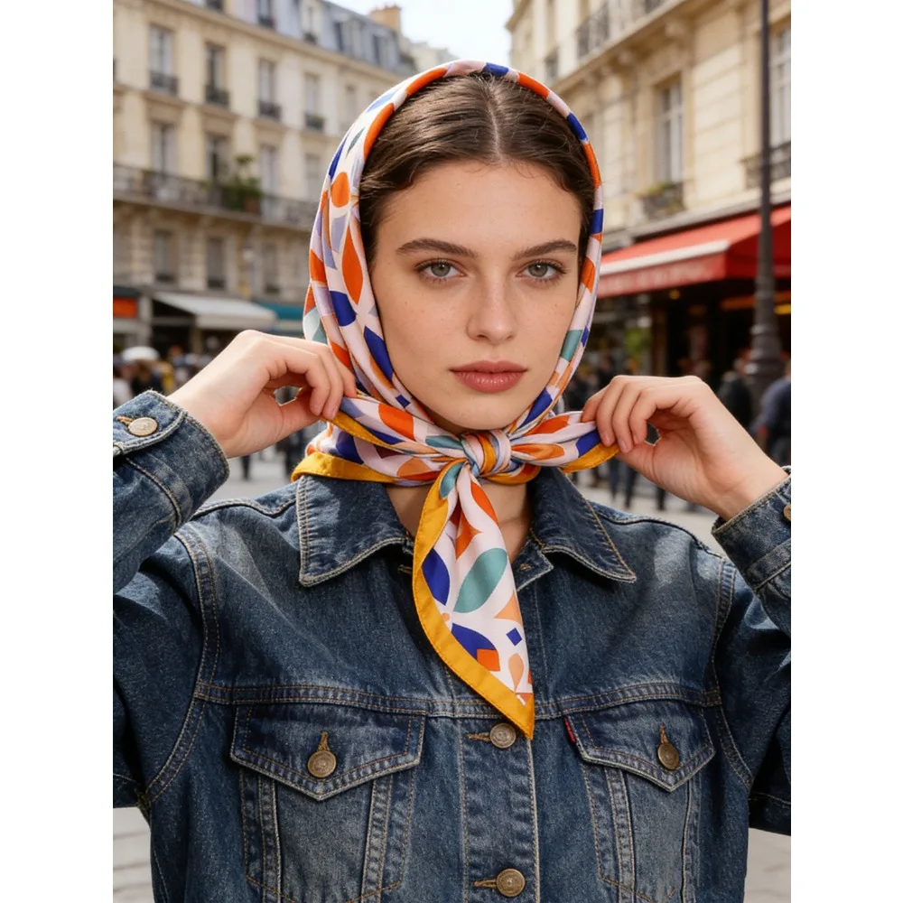 A new fashionable rainbow four-leaf clover printed women's square scarf, silk scarf, high-end sense light luxury simple warm