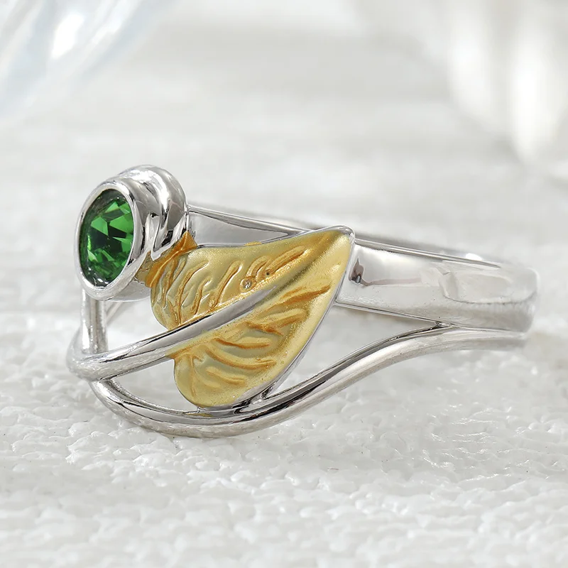 Light Gentle Wind Leaf Pattern Ring Inlay Green Synthetic Zircon Fresh Style Ring Women's Daily Casual Fashion Jewelry